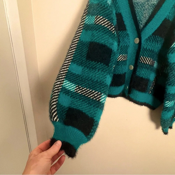 Umgee Plaid Herringbone Preppy Quirky Fuzzy Y2K Snap Button Cardigan Sweater Lg - Picture 4 of 12
